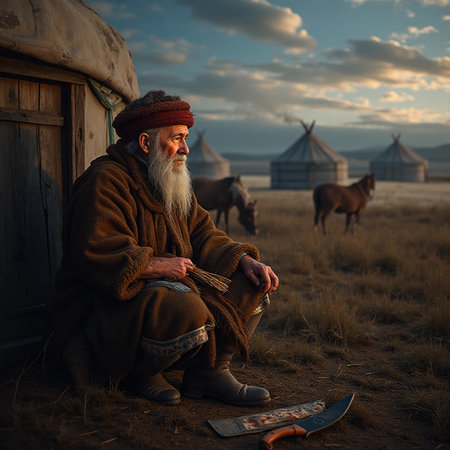 Mongolian man with long beard sitting in front of yurtの素材