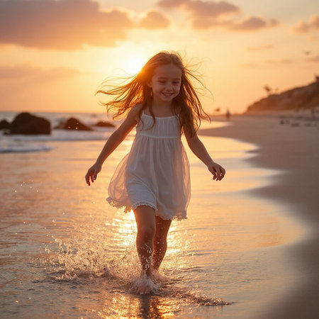 Adorable little girl having fun on the beach at beautiful summer sunsetの素材