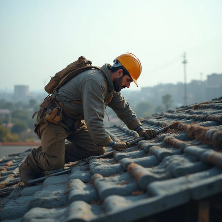 construction worker on the roof of a residential building working on the roofの素材