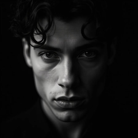 Portrait of a young man in a dark room. Black and white.の素材