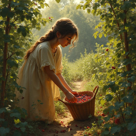 Young woman picking red currant berries in the forest at sunset.の素材