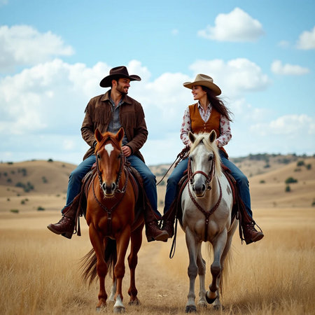Cowboy and cowgirl on horseback in the field of wheatの素材