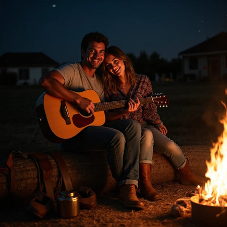 Young couple playing guitar in front of bonfire at night time.の素材