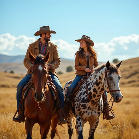 Cowboy and cowgirl are riding on horses in the field.の素材