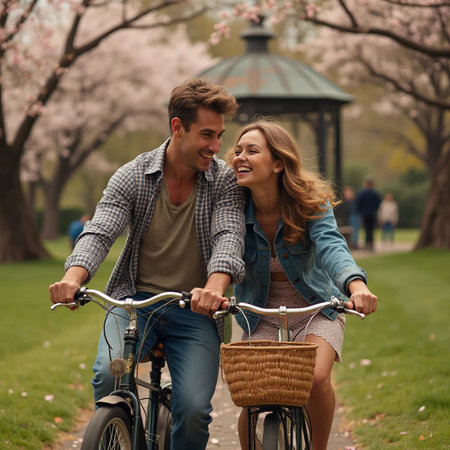 Happy young couple riding bicycle in the park. Romantic love concept.の素材
