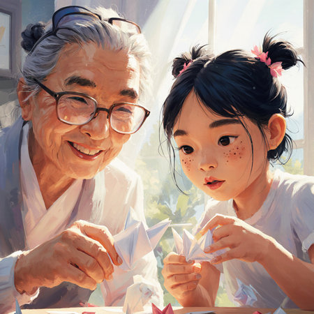 Asian little girl and her grandfather playing with origami at home.の素材