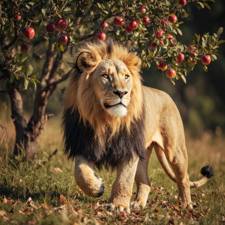Big male lion walking in the bush with ripe red apples in the backgroundの素材