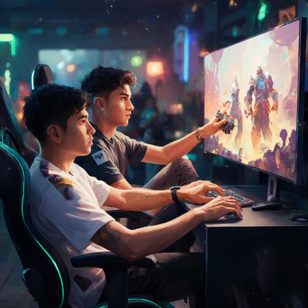 Two young Asian man playing video games in the night club.の素材