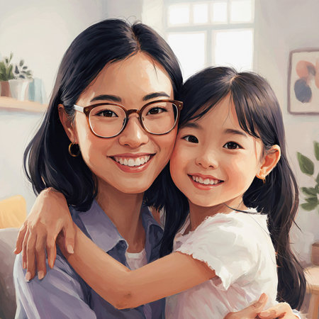Portrait of happy Asian family, mother and daughter together at homeの素材