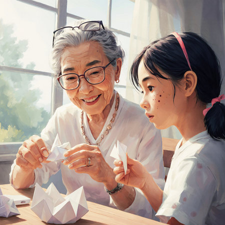 Grandmother and granddaughter playing with origami at home. Happy family concept.の素材