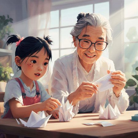 Asian little girl and her grandmother playing with origami at homeの素材