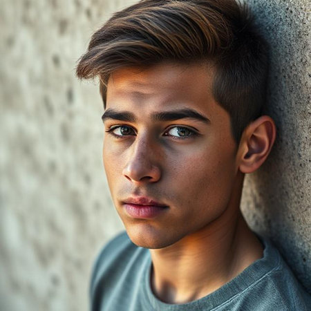 Portrait of a handsome young man leaning against a wall outdoors.の素材