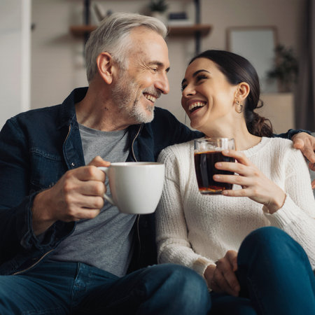 cheerful mature couple drinking coffee and looking at each other at homeの素材