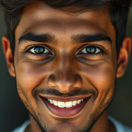 Close-up portrait of a happy young Indian man with blue eyesの素材