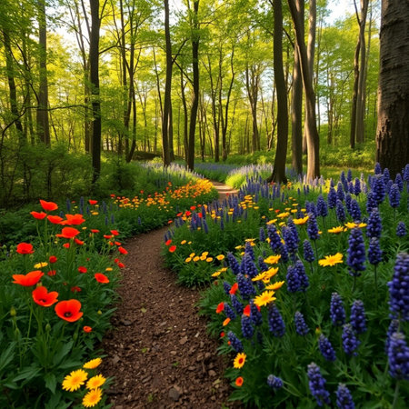 Beautiful spring landscape with blooming flowers and path in the forestの素材