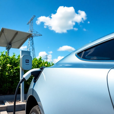 EV charging station for electric car in concept of green energy and eco power produced from sustainable source to supply to charger station in order to reduce CO2 emission.の素材