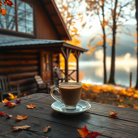 Cup of coffee on the wooden table with autumn leaves on backgroundの素材