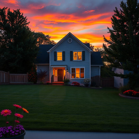 Sunset in the front yard of a home with a beautiful skyの素材