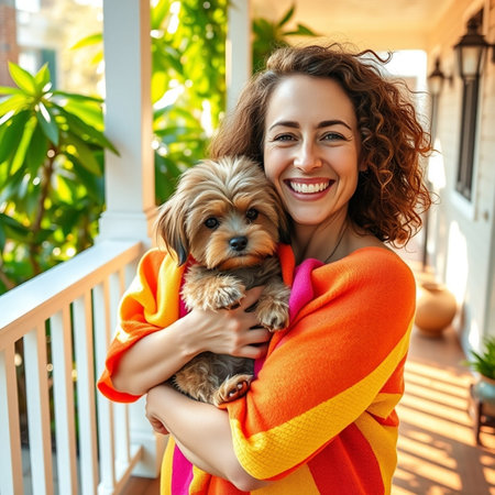 Portrait of a smiling young woman with a Yorkshire Terrier puppy on the balconyの素材