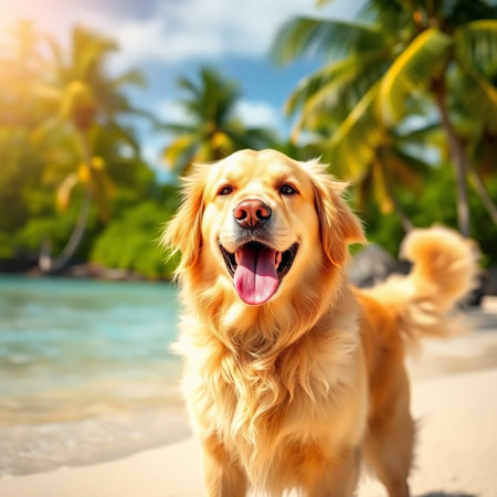 Golden Retriever on the beach with palm trees in the backgroundの素材