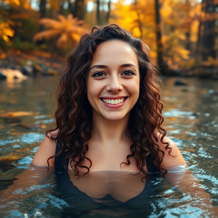 Portrait of a beautiful young woman in the water, smiling.の素材