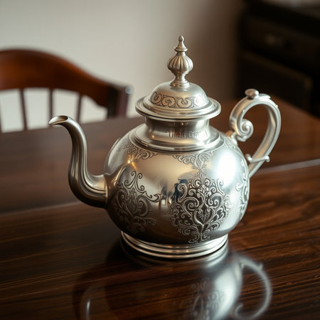 Vintage metal teapot on a wooden table. Selective focusの素材