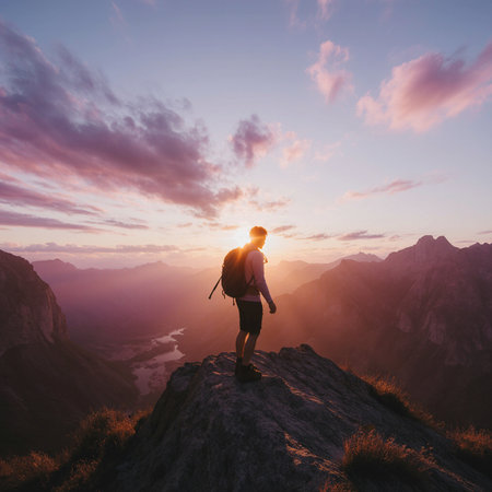 Silhouette of a man with a backpack standing on top of a mountain and looking at the sunsetの素材