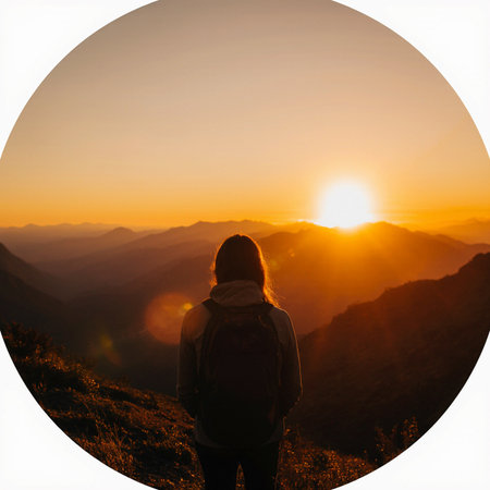 Silhouette of a woman standing on the edge of a mountain and looking at the sunsetの素材