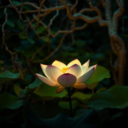 Beautiful lotus flower blooming in the pond at night.の素材