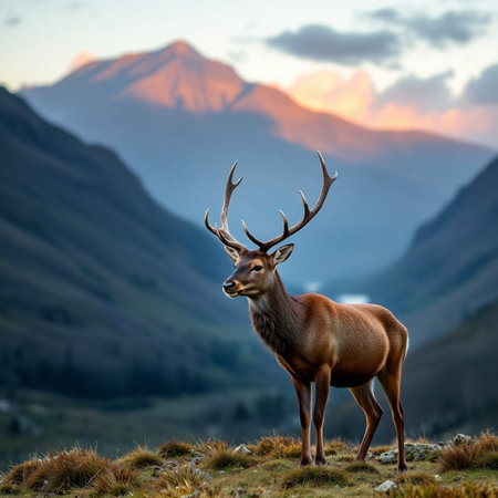 Majestic red deer stag in the mountains at sunset. Beautiful mountain landscape.の素材