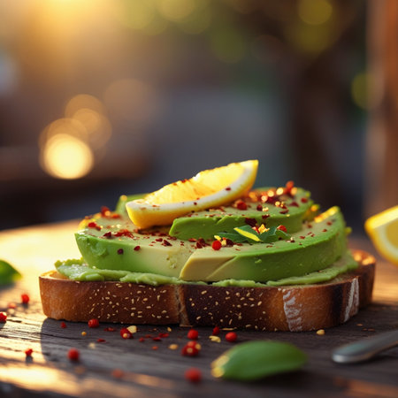 Avocado toast with lemon and herbs on wooden table, closeupの素材