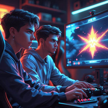 Portrait of two young guys playing video games in the dark room.の素材