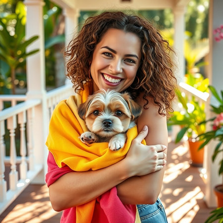 Portrait of a beautiful smiling woman with a Yorkshire Terrier puppy in her arms.の素材