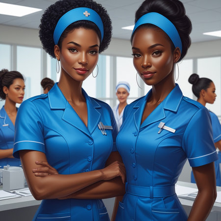 Portrait of three African American female nurse in blue uniformの素材