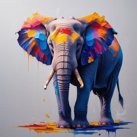 Elephant with colorful paint splashes on a gray background, studio shotの素材