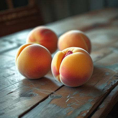 Ripe apricots on a wooden table. Selective focus.の素材