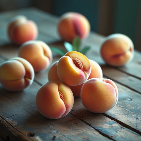 Ripe peaches on a wooden table. Selective focus.の素材
