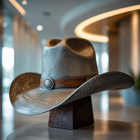 Closeup of a hat on a table in a hotel lobby.の素材