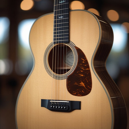 Acoustic guitar in a pub, close-up, selective focusの素材