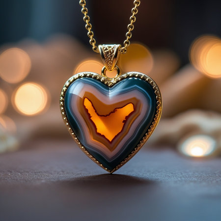 Heart shaped pendant on a dark background with bokeh lightsの素材
