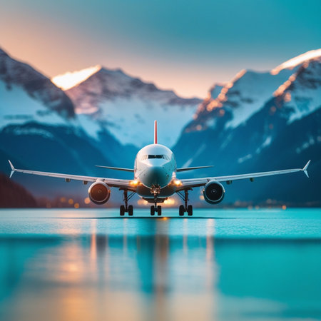 Airplane in the mountains at sunrise. Travel and business concept.の素材