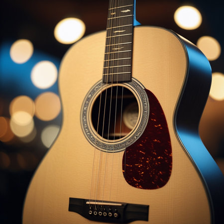 Acoustic guitar on a bokeh background, close-upの素材