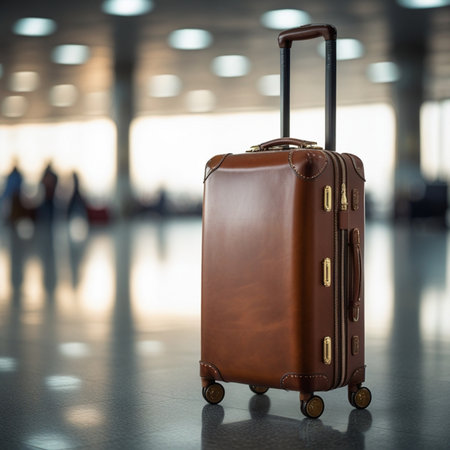 Travel luggage in airport terminal. Travel, tourism and journey concept.の素材