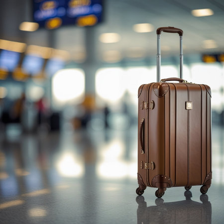 Suitcase in the airport terminal. Travel and tourism concept.の素材