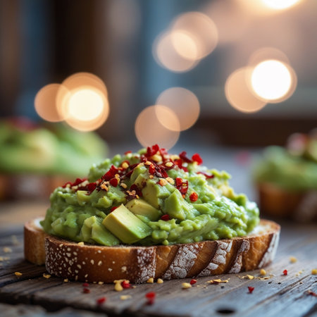 Avocado toast on a rustic wooden table. Selective focus.の素材