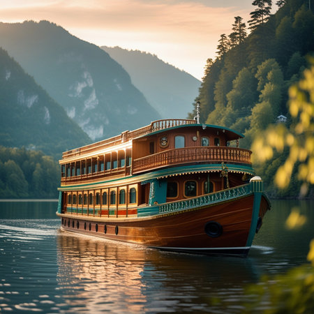 Old wooden boat on the lake in the mountains at sunset time.の素材