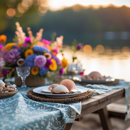 Summer table setting with flowers and seashells. Selective focus.の素材