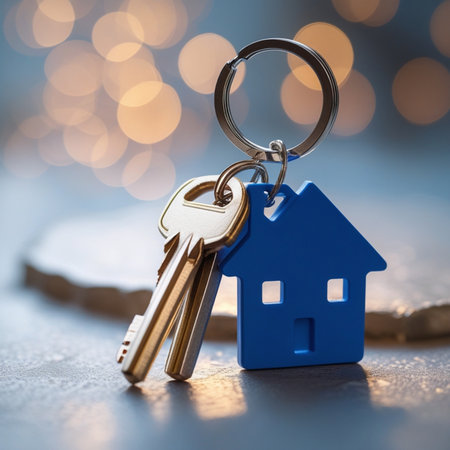 Key with keychain in shape of house on bokeh backgroundの素材