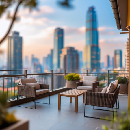 Outdoor patio with sofa and coffee table with view of skyscrapers.の素材