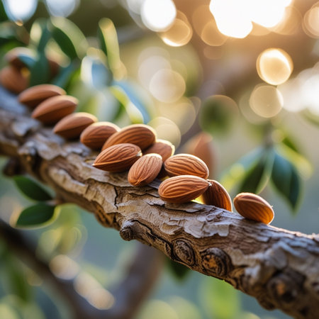 Almond nuts on a tree branch with green leaves and bokeh backgroundの素材
